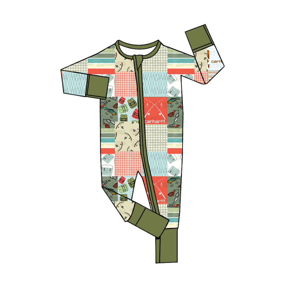 (Custom Design Preorder MOQ 5)  Fishing Shopping Print Baby Boys Fall Bamboo Sleeper Zipper Romper