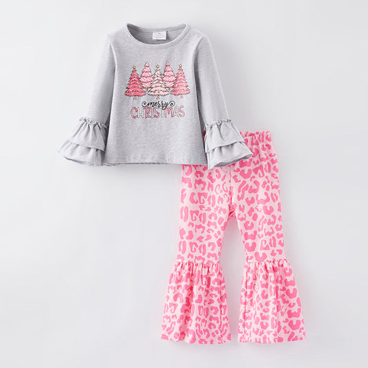 (Custom Design Preorder MOQ 5) Pink Tree Gray Top Leopard Bell Pants Girls Christmas Clothes Set