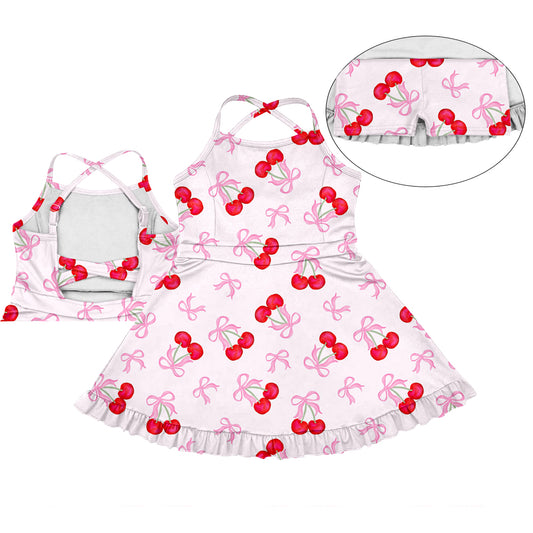 3.10(Custom Design Preorder MOQ 5) Cherry Pink Bows Print Girls Summer Knee Length Shorts Dress