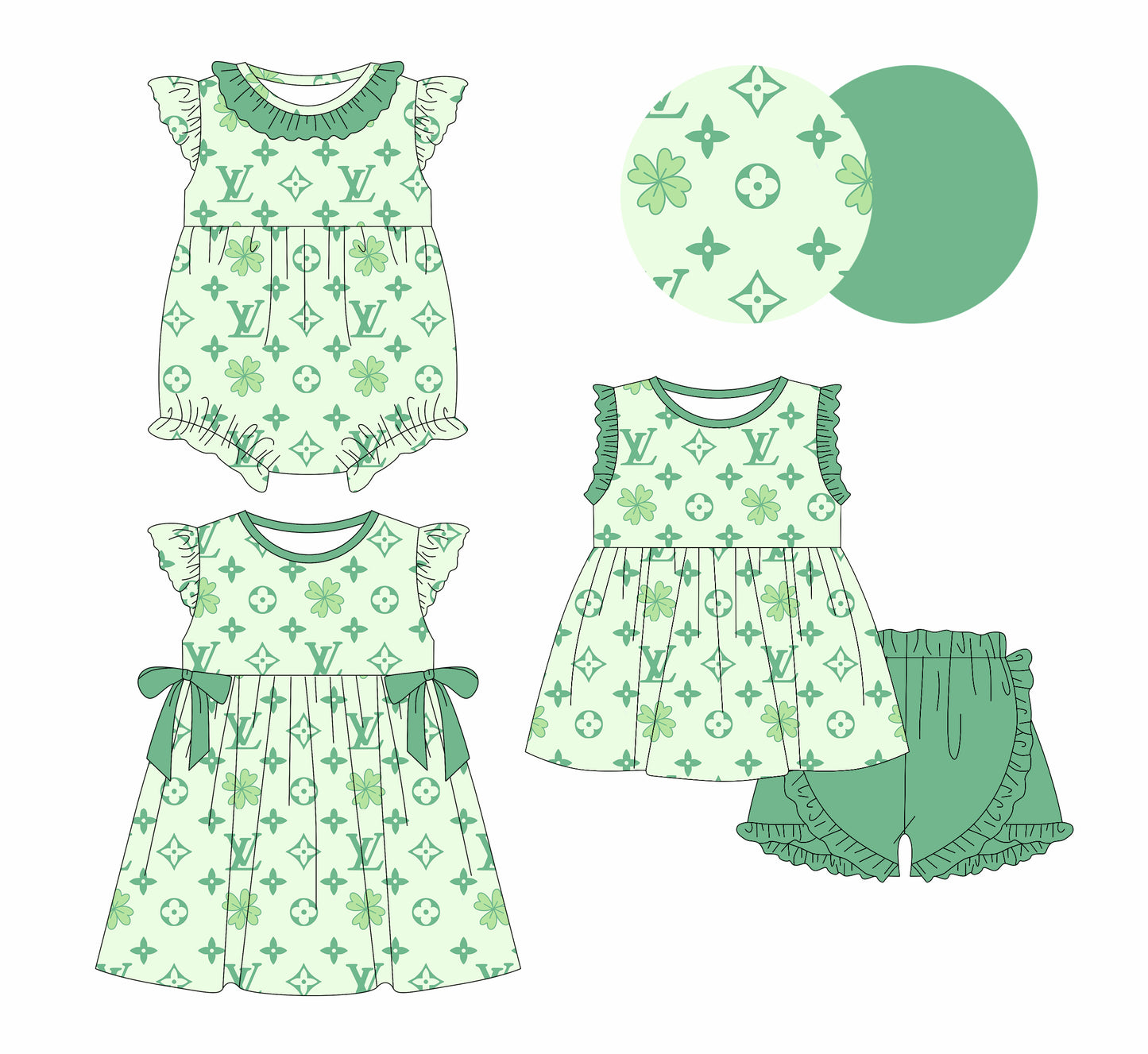 (Custom Design Preorder MOQ 5 Each Design) Leaf L*V* Top Green Print Girls St. Patrick's Day Matching Clothes Sisters Wear