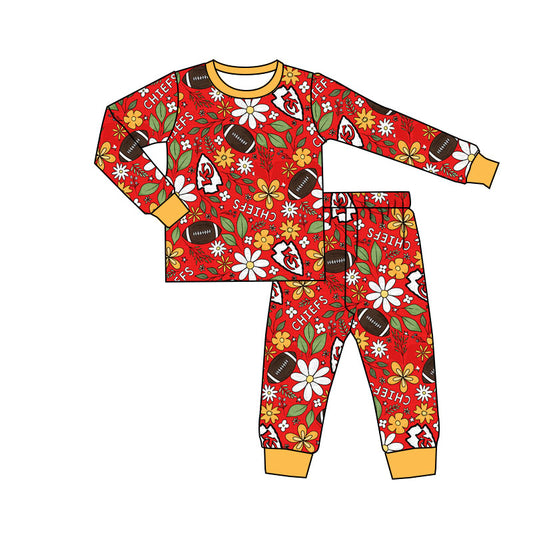 (Custom Design Preorder MOQ 5) Team's KC Football Flowers Red Print Girls Fall Pajamas Clothes Set