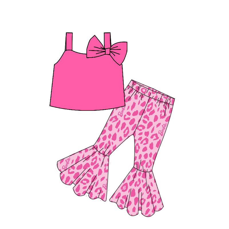(Custom Design Preorder MOQ 5)  Hotpink Bow Top Pink BA Bell Pants Girls Clothes Set
