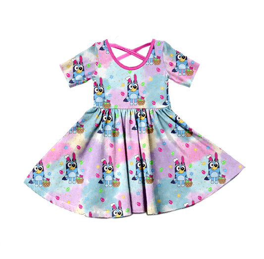 (Custom Design MOQ 5) Cartoon Dog Tie-dye Print Girls Knee Length Easter Dress