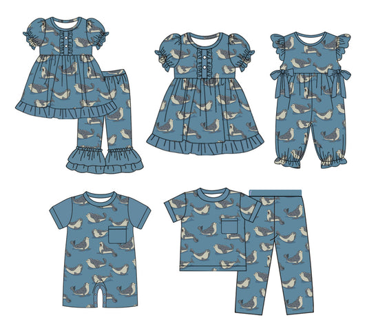 1.7(Custom Design Preorder MOQ 5 Each Design) Sseals Blue Print Kids Matching Clothes Sibling Wear