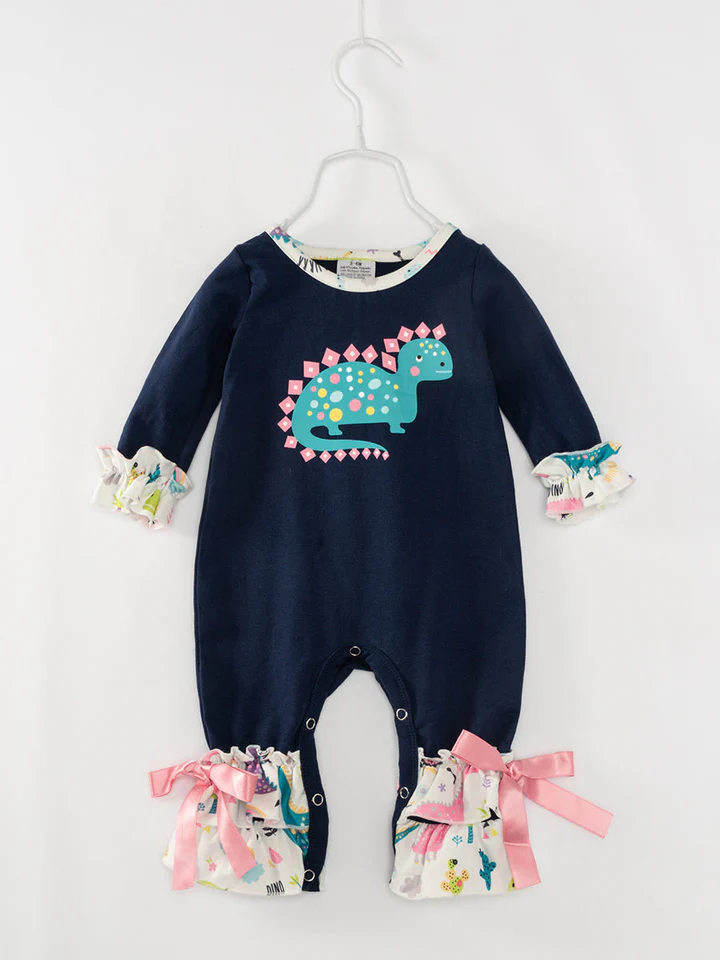 (Custom Design Preorder MOQ 5) Dino Print Baby Girls Fall Romper