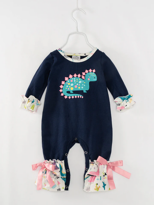 (Custom Design Preorder MOQ 5) Dino Print Baby Girls Fall Romper