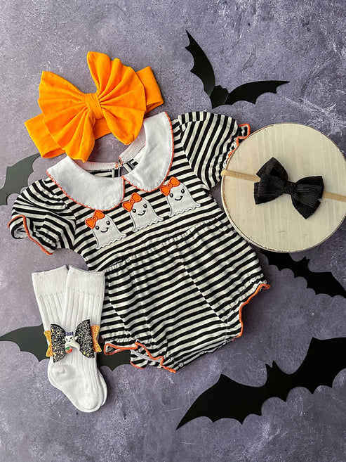 (Custom Design Preorder MOQ 5) Ghost Stripes Print Baby Girls Halloween Romper