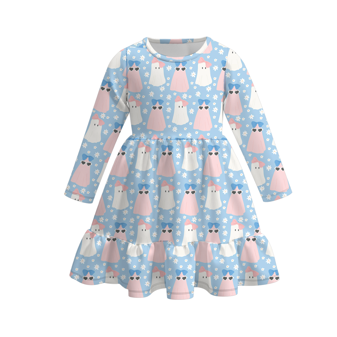 (Custom Design Preorder MOQ 5) Ghost Blue Print Girls Knee Length Halloween Dress