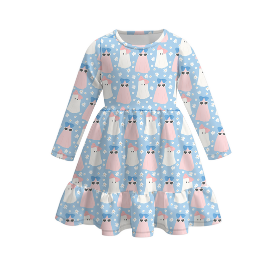 (Custom Design Preorder MOQ 5) Ghost Blue Print Girls Knee Length Halloween Dress