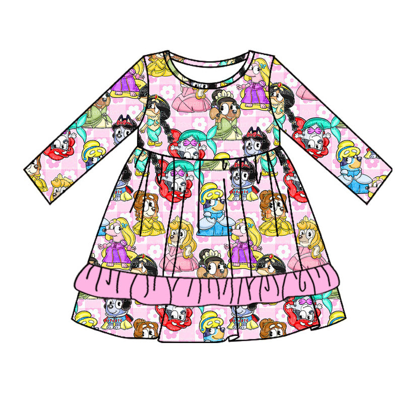 (Custom Design Preorder MOQ 5) Cartoon Dog Princess Print Girls Knee Length Dress