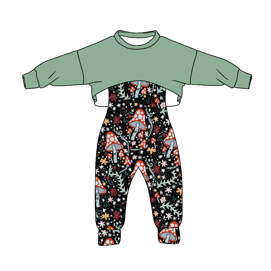 (Custom Design Preorder MOQ 5) Mushroom Print Green Top Jumpsuits Girls Fall Clothes Set