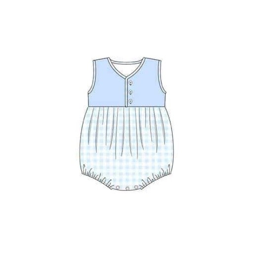 (Custom Design Preorder MOQ 5) Blue Plaid Print Baby Boys Summer Romper