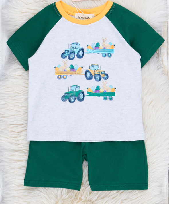 (Custom Design Preorder MOQ 5) Bunny Eggs Tractors Top Green Shorts Boys Easter Clothes Set