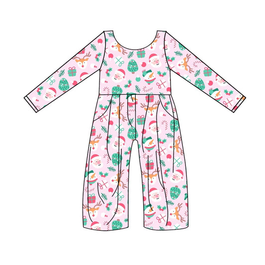 (Custom Design Preorder MOQ 5) Santa Print Pockets Girls Christmas Jumpsuits