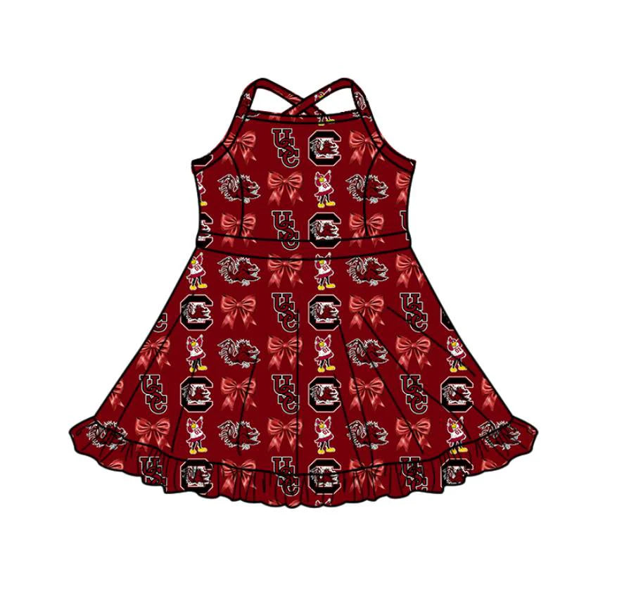 (Custom Design Preorder MOQ 5 Each Item)Team's Gamecock Bows Wine Print Girls Matching Clothes