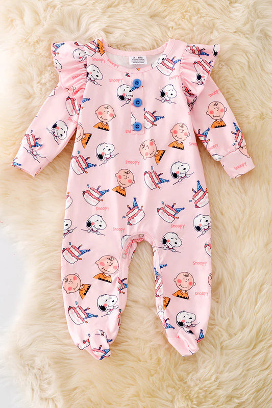 (Custom Design Preorder MOQ 5) Cartoon Dog Pink Print Baby Girls Footed Romper