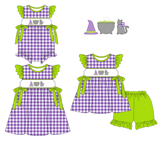5.23(Custom Design Preorder MOQ 5 Each Design) Witch Plaid Print Girls Halloween Matching Clothes Sisters Wear