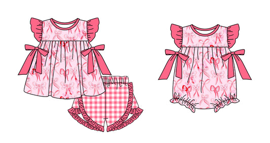 11.4(Custom Design Preorder MOQ 5 Each Design) Pink Bows Print Girls Summer Matching Clothes Sisters Wear