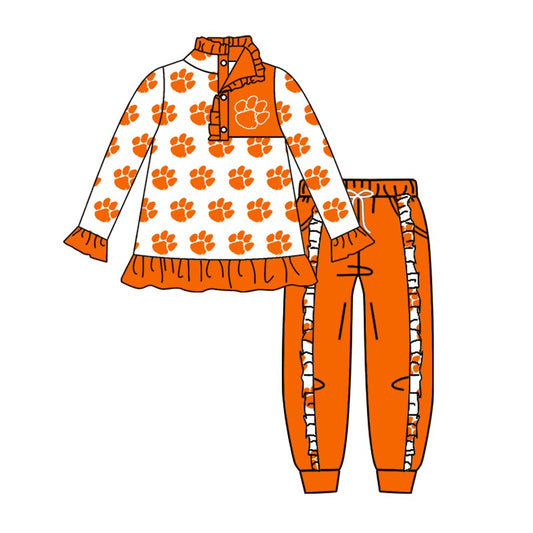 (Custom Design Preorder MOQ 5) Team's CLEMSON TIGERS Pullover Top Orange Pants Girls Fall Clothes Set