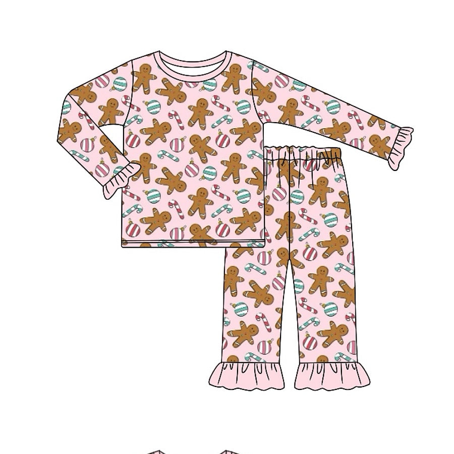 (Custom Design Preorder MOQ 5) Gingerbread Print Girls Christmas Pajamas Clothes Set