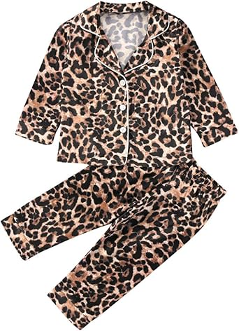 (Custom Design Preorder MOQ 5) Brown Leopard Print Girls Fall Buttons Pajamas Clothes Set