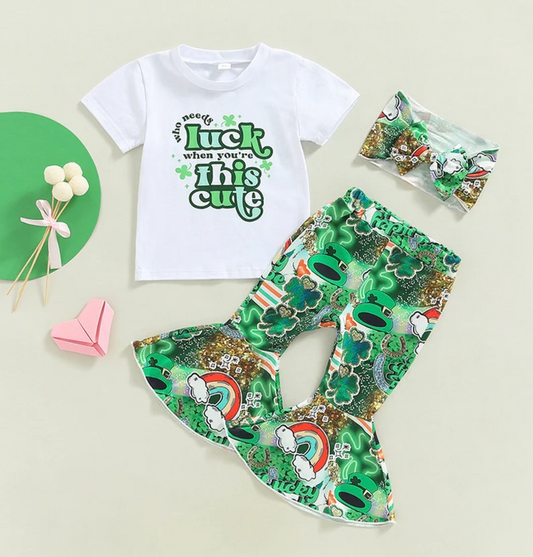 (Custom Design Preorder MOQ 5) Green Quatrefoil Who Needs Luck Print Girls St. Patrick's Clothes Set