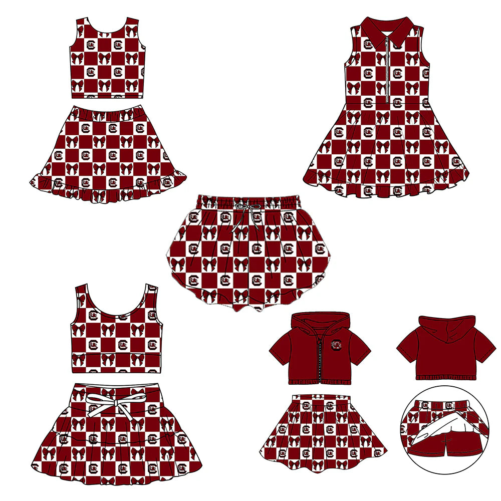 (Custom Design Preorder MOQ 5 Each Color) Team's Gamecock Bows Plaid Print Girls Summer Clothes Sisters Matching Wear