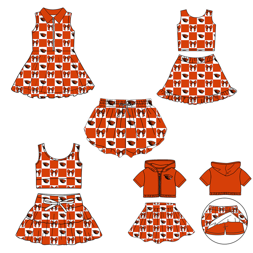 (Custom Design Preorder MOQ 5 Each Color) Team's Oregon State Beavers Bows Plaid Print Girls Summer Clothes Sisters Matching Wear