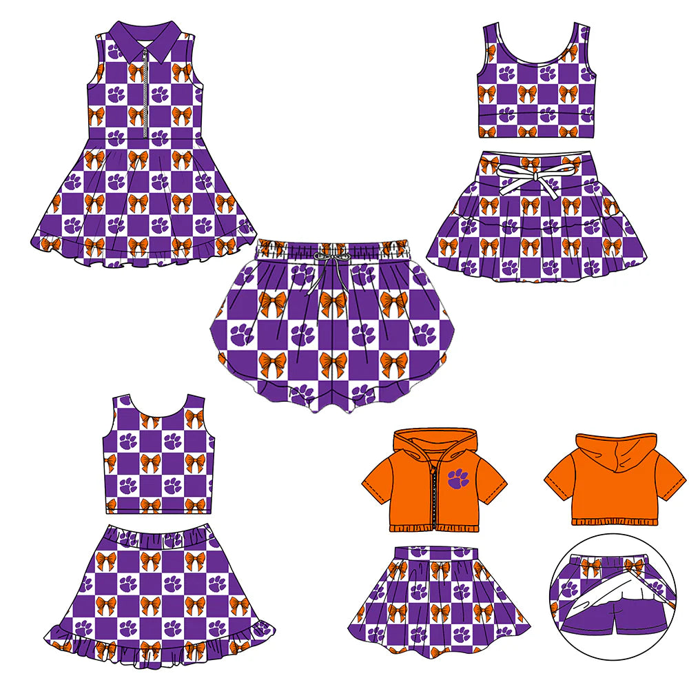 (Custom Design Preorder MOQ 5 Each Color) Team's Purple Paw Bows Plaid Print Girls Summer Clothes Sisters Matching Wear
