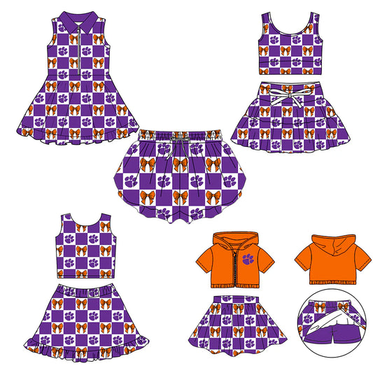 (Custom Design Preorder MOQ 5 Each Color) Team's Purple Paw Bows Plaid Print Girls Summer Clothes Sisters Matching Wear