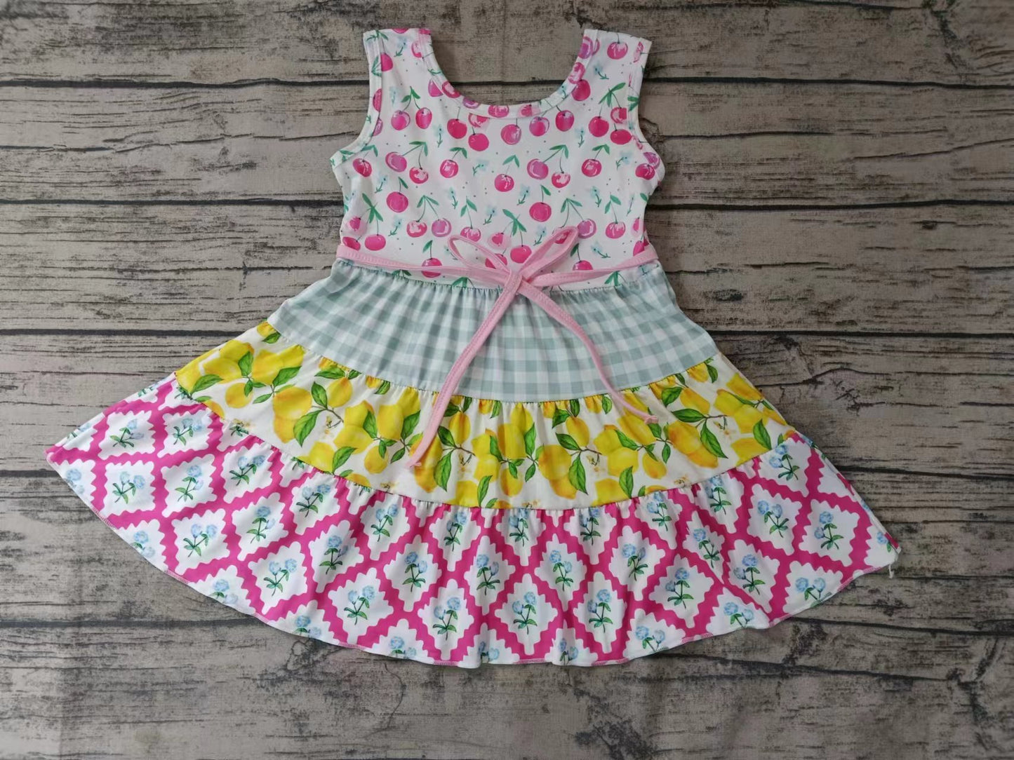 (Custom Design Preorder MOQ 5)  Fruits Flowers Print Girls Knee Length Summer Dress