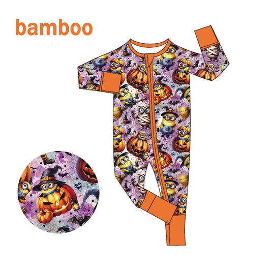 (Custom Design Preorder MOQ 20) Cartoon Banana Pumpkin Print Baby Halloween Long Sleeve Bamboo Sleeper Zipper Romper