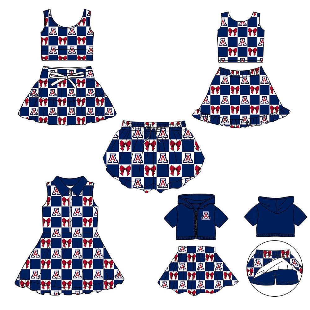 (Custom Design Preorder MOQ 5 Each Color) Team's Arizona Bows Plaid Print Girls Summer Clothes Sisters Matching Wear