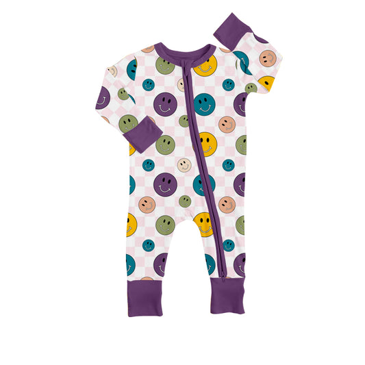 (Custom Design Preorder MOQ 5) NO.31 Purple Smiling Face Print Baby Zip Romper