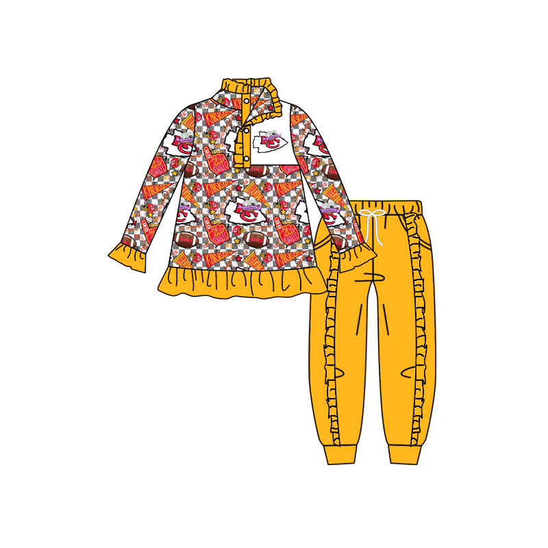 (Custom Design Preorder MOQ 5) Team's KC Top Yellow Pants Girls Fall Clothes Set