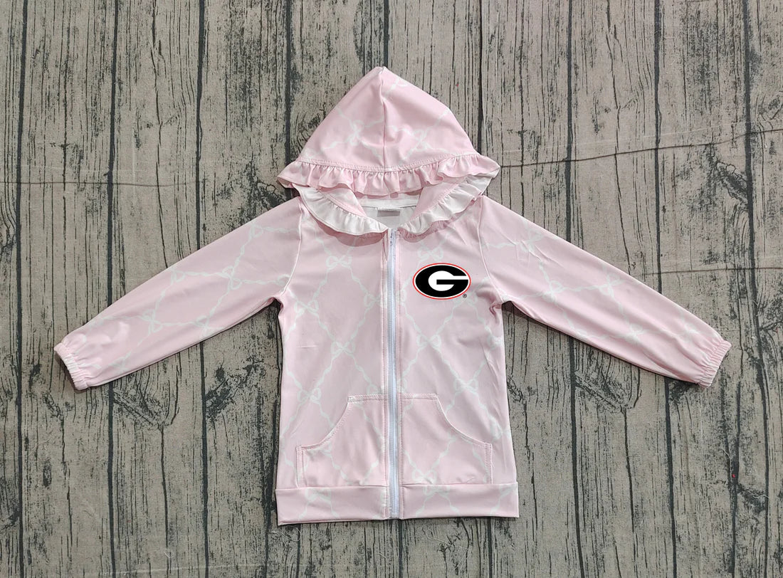 (Custom Design Preorder MOQ 5 Each Item) Team's Georgia Pink Bows Print Girls Fall Zipper Hoodie Jackets Top Mom and Me Matching Clothes