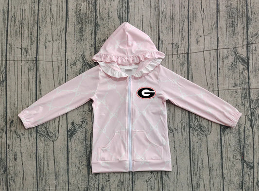 (Custom Design Preorder MOQ 5 Each Item) Team's Georgia Pink Bows Print Girls Fall Zipper Hoodie Jackets Top Mom and Me Matching Clothes
