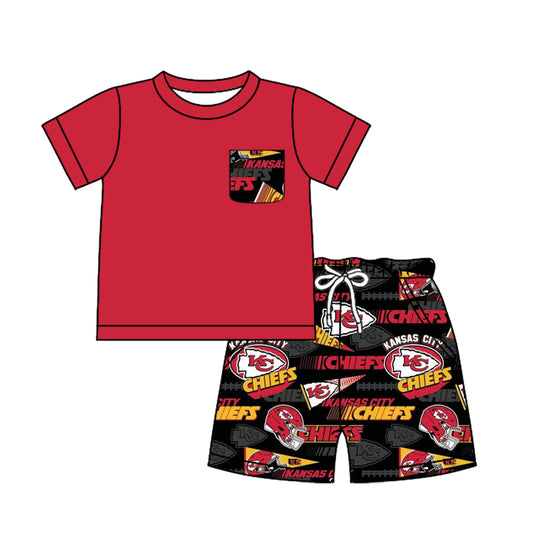 12.30(Custom Design Preorder MOQ 5) Red Pocket Top Team's KC Shorts Boys Summer Clothes Set