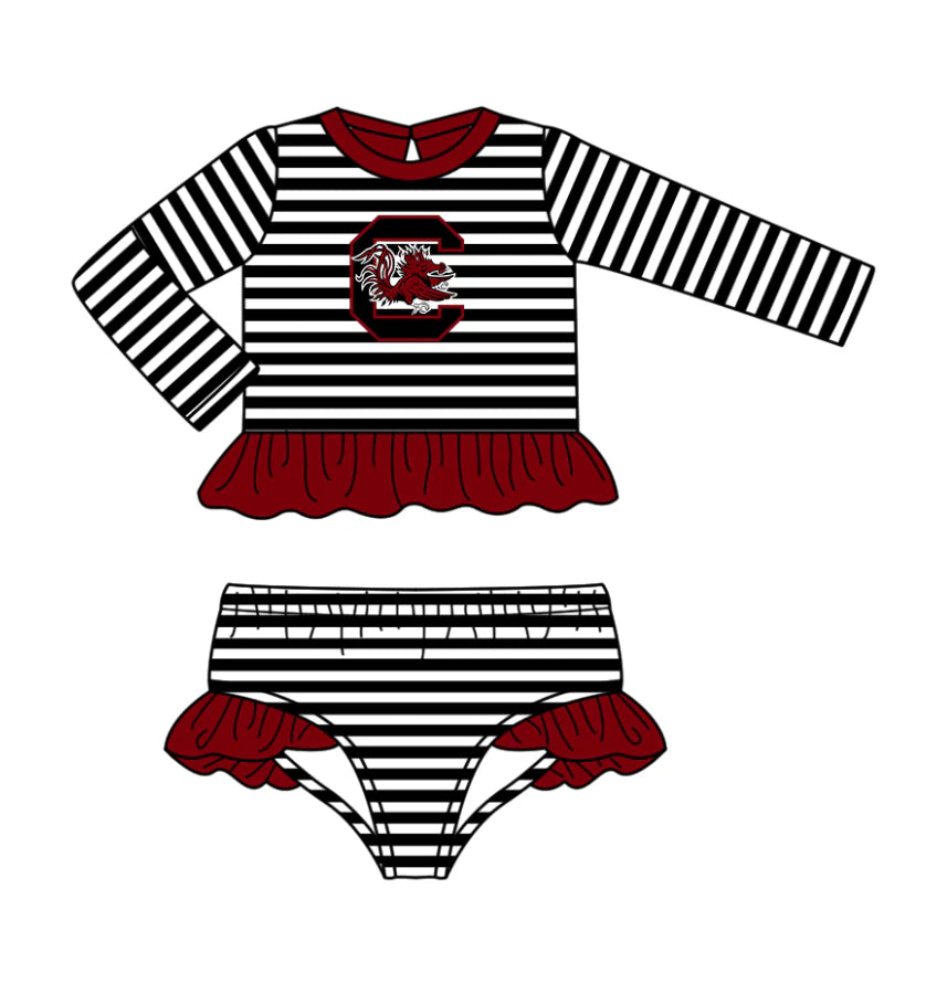 (Custom Design Preorder MOQ 5) Team's Gamecock Stripes Print Girls 2 Pieces Swimsuits