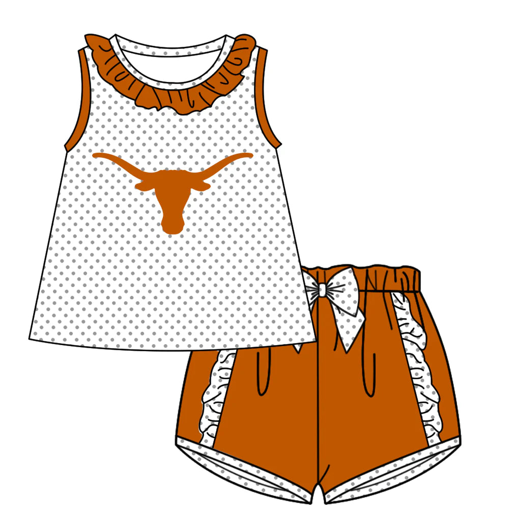 (Custom Design Preorder MOQ 5)  Team's Texas Longhorns Top Brown Shorts Girls Summer Clothes Set