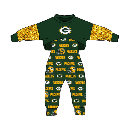 (Custom Design MOQ 5)  NO.31 Green Gold Football Team's Print Girls Jumpsuits Clothes Set