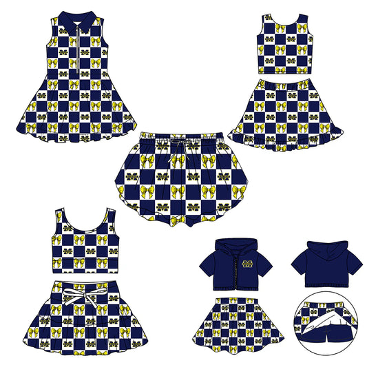 (Custom Design Preorder MOQ 5 Each Color) Team's Michigan Bows Plaid Print Girls Summer Clothes Sisters Matching Wear
