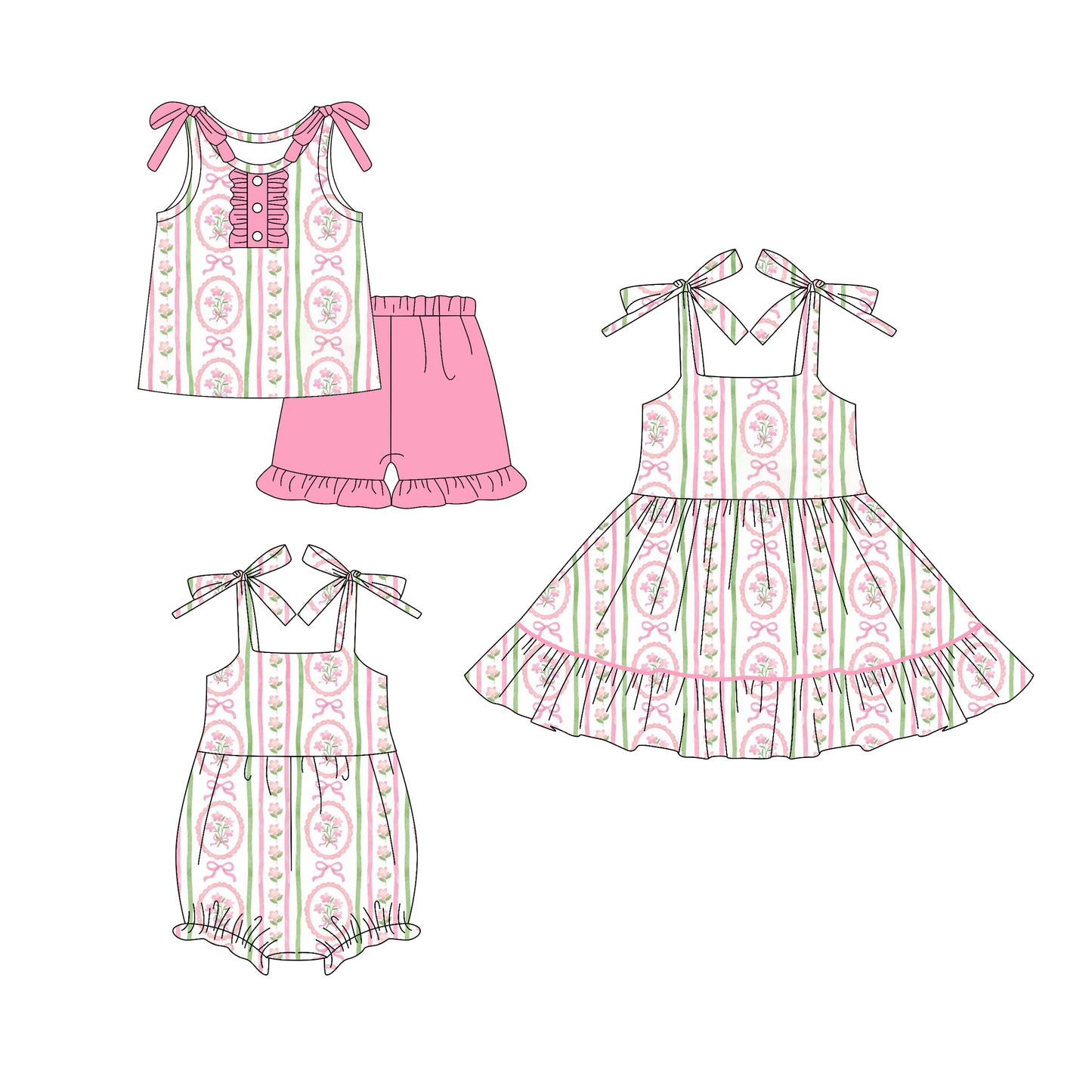 5.24(Custom Design Preorder MOQ 5 Each Design) Pink Flowers Bows Print Girls Summer Matching Clothes Sisters Wear