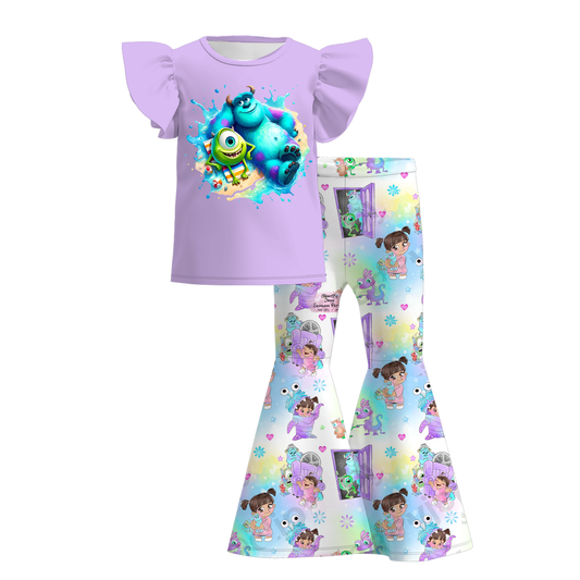 (Custom Design Preorder MOQ 5)  Cartoon Monster Print Bell Pants Girls Clothes Set