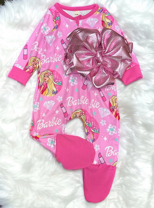 (Custom Design MOQ 5) Pink BA Baby Girls Zipper Sleeper Footed Romper