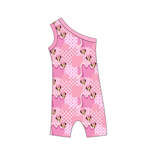 (Custom Design Preorder MOQ 5) Pink Cartoon Mouse Print Baby Girls Summer Romper