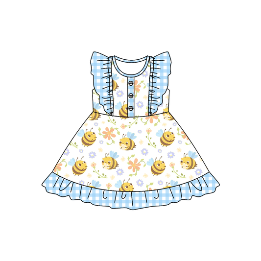 (Custom Design Preorder MOQ 5) Bee Flowers Print Girls Knee Length Summer Dress