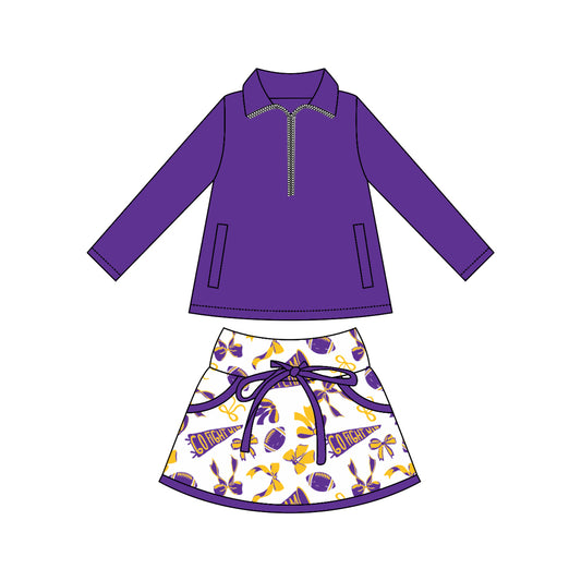 (Custom Design Preorder MOQ 5) Purple Zipper Pullover Top Team's Cheer Bows Skirts Girls Clothes Sets