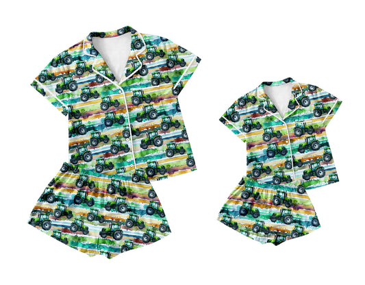 11.12(Custom Design Preorder MOQ 5) Tractors Print Kids Summer Pajamas Clothes Set