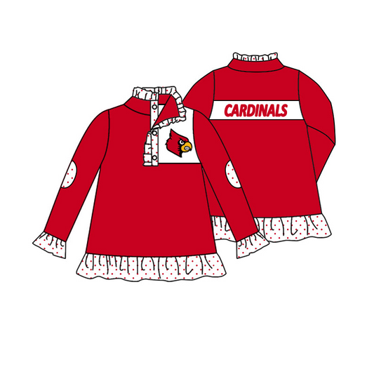 (Custom Design Preorder MOQ 5) Team's CARDIALS Red Print Girls Long Sleeve Pullover Buttons Tops